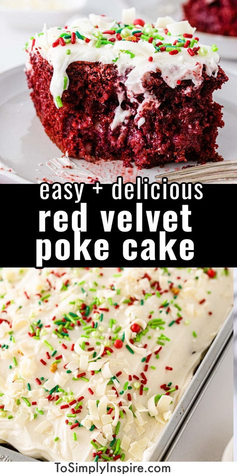 A red velvet poke cake recipe made simple by baking a soft moist cake from a mix, infusing it with a thick sweet white chocolate filling, and topping it with a favorite cream cheese frosting! Red Velvet Cake With Pudding, Christmas Red Velvet Poke Cake Recipe, Cornbread Poke Cake, Christmas Red Velvet Poke Cake, Red Velvet Poke Cake Condensed Milk, Christmas Poke Cake Recipes, Red Velvet Poke Cake Recipe, Christmas Red Velvet Cake, Box Red Velvet Cake