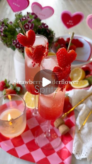 Leah Bergman • food & lifestyle on Instagram: "Valentine’s Day Cocktail Series: Recipe No. 2 STRAWBERRY ELDERFLOWER SPRITZ 🍓 If you’re looking for a super simple Valentine’s Day cocktail that doesn’t require a cocktail shaker or special ingredients, this spritz is perfection. Here’s how to make it… 🍓 Strawberry Elderflower Spritz •••• 1 oz elderflower liqueur 1/2 oz strawberry puree squeeze of lemon juice Prosecco Rosé 🍓 Directions: 1. In a champagne flute with ice add lemon juice, elderflower liqueur, and strawberry puree. 2. Top with Prosecco Rosé and garnish with a fresh strawberry. 🍓 Garnish notes: I rimmed my glasses in crushed dehydrated strawberries but that step is completely optional. 🍓 The combination of elderflower and strawberry is a match made in heaven. 🍓 Who’s trying t Strawberry Garnish, Elderflower Spritz Cocktail, Valentines Day Champagne Cocktails, Strawberry Lemon Prosecco Sangria, Strawberry Fields Cocktail, Galentines Cocktails Champagne, Dehydrated Strawberries, Strawberry Roses, Rose Champagne