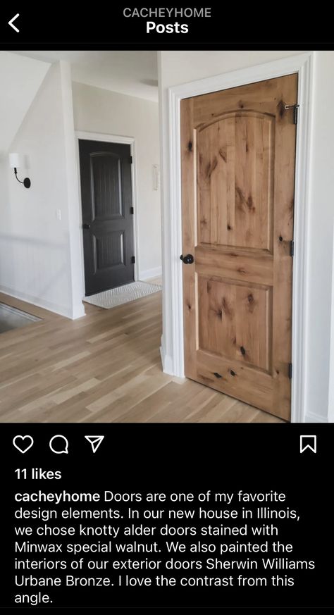 White Doors With Stained Trim, Knotty Alder Wood Interior Doors, White Walls Stained Doors, Knotty Alder Door Stain Colors, Interior Door Wood Stain, Pine Door Stain Colors, Stained Knotty Pine Interior Doors, Stained Poplar Interior Doors, Stained Bedroom Doors