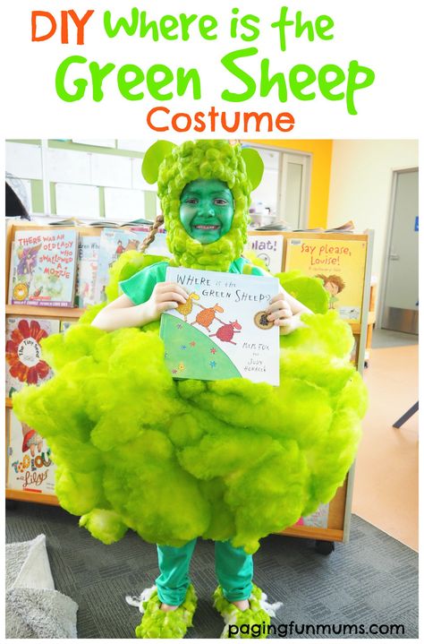 DIY Where is the Green Sheep Costume! Green Sheep Costume, Sheep Costume Diy, Bookish Costumes, Bookweek Costumes, Where Is The Green Sheep, Easy Book Week Costumes, Seuss Costumes, Book Parade, Parade Costumes