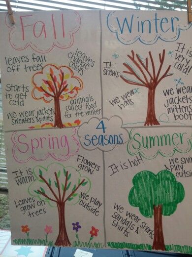 Seasons anchor chart Season Anchor Chart Kindergarten, Seasons Books Preschool, How To Teach Seasons To Kindergarten, 4 Season Crafts Preschool, Four Seasons Lesson Plan Kindergarten, 4 Seasons Crafts Preschool, Seasons Theme Table Preschool, Parts Of A Tree Anchor Chart, 4 Seasons Anchor Chart