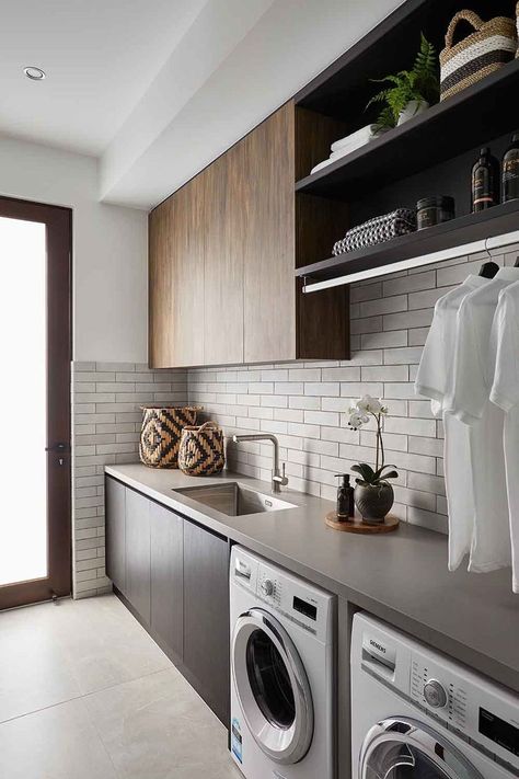 #organization #laundryroomdesign #laundry Neutral Interior Design, Pantry Laundry, Dream Laundry Room, Laundry Room Renovation, Modern Laundry Rooms, Laundry Design, Brown Cabinets, Grey Brick, Laundry Room Inspiration