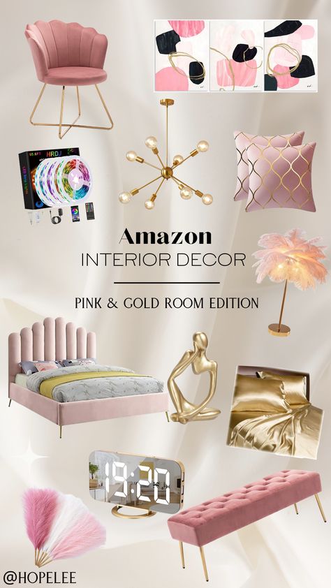 Gold Decor Living Room, Pink Gold Bedroom, Must Have Furniture, Pink And Gold Bedroom, Luxury Apartment Decor, Bedroom Finds, Furniture For Bedroom, Gold Decorative Pillows, Room Amazon