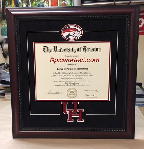 Custom Framed University of Houston Degree. #customframeddegree #universityofhoustondegree Degree Frame Ideas, Degree Frame, Framing Ideas, Diploma Frame, University Of Houston, Frame Ideas, Graduation Invitations, Custom Framing, Houston