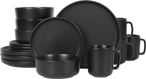 Amazon.com | Gibson Home Zuma Stoneware Plates, Bowls, & Mugs Dinnerware Set - Matte Black, Service for Four (16pcs): Dinnerware Sets Stoneware Plates, Stoneware Dinnerware Sets, Stoneware Dinnerware, Kitchen Dinnerware, Bakeware Set, Dessert Plates, Soft Lips, Dish Sets, Dinnerware Set