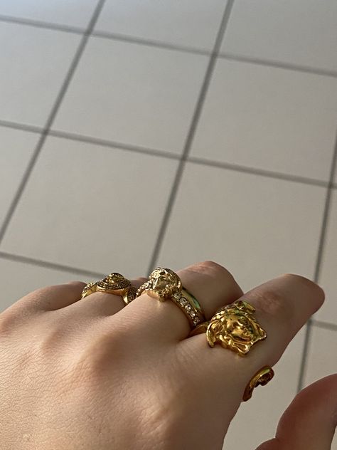 Versace Rings, Rings Aesthetic Vintage, Versace Ring, Aesthetic Rings, Rings Aesthetic, Dainty Gold Jewelry, 22k Gold Jewelry, Versace Jewelry, Mens Gold Jewelry