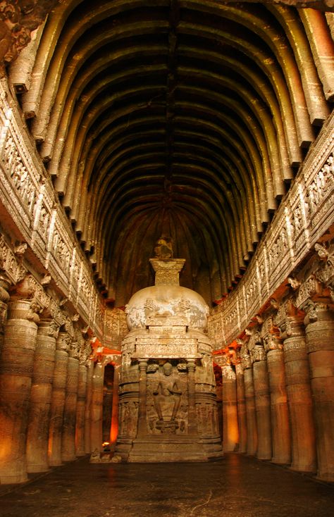 Ajanta Caves.Cave 26.Buddhist caves. Aurangabad district,Maharashtra,India. Ajanta (more properly Ajintha).Harishena (r.c. 475-c.500 CE) was the successor of his father Devasena.He was a great patron of Buddhist architecture,art and culture. The monument Ajanta is a driving example of his works. Ajanta Ellora, Buddhist Architecture, Ajanta Caves, Modern World History, Elephant Photography, Temple India, Indian Temple Architecture, Beam Of Light, Ancient Indian Architecture