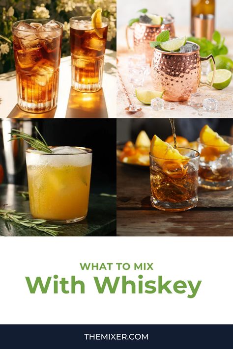 If you’ve gotten into the amazing world of whiskey but usually drink it on the rocks or with soda, you are in for a treat! Our selection of 17 whiskey mixers has classics like vermouth and wildcards like tea, olive juice, and coconut water. A new taste adventure awaits! Whiskey Mixers, Whiskey Based Cocktails, Bourbon Apple Cider, Olive Juice, Tasty Drinks, Tea Cocktails, Good Whiskey, Whiskey Sour, Whiskey Drinks