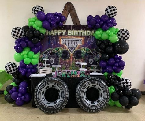 Monster Jam Balloon Decor, Monster Jam Balloons, Monster Trucks Birthday Party Ideas, Monster Truck Jam Birthday Party Ideas, Monster Jam Balloon Arch, Monster Jam Pinata, Monster Truck Balloons, Monster Truck Balloon Arch, Monster Jam Balloon Garland