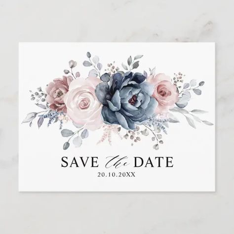 Dusty Blue Mauve Rose Pink Floral Save the Date Postcard | Zazzle Rustic Wedding Save The Dates, Rustic Save The Dates, Roses Peonies, Rose Wedding Invitations, Dusty Rose Wedding, Save The Date Postcard, Floral Save The Dates, Watercolor Roses, Dusty Blue Weddings