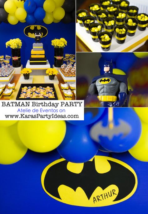 BATMAN themed birthday party via Kara's Party Ideas | KarasPartyIdeas.com Batman Party Decorations, Batman Themed Birthday Party, Batman Cupcakes, Batman Baby, Batman Theme, Batman Cake, Batman Birthday Party, Batman Arkham Origins, Parties Ideas