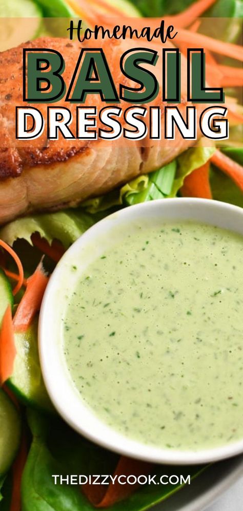 Creamy Basil Vinaigrette Dressing, Basil Green Goddess Dressing, Creamy Basil Dressing Recipe, Basil Vinegrette Salad Dressing, Sauce For Grilled Veggies, Easy Creamy Salad Dressing, Basil Salad Dressing Recipes, Basil Uses Ideas, Creamy Basil Sauce