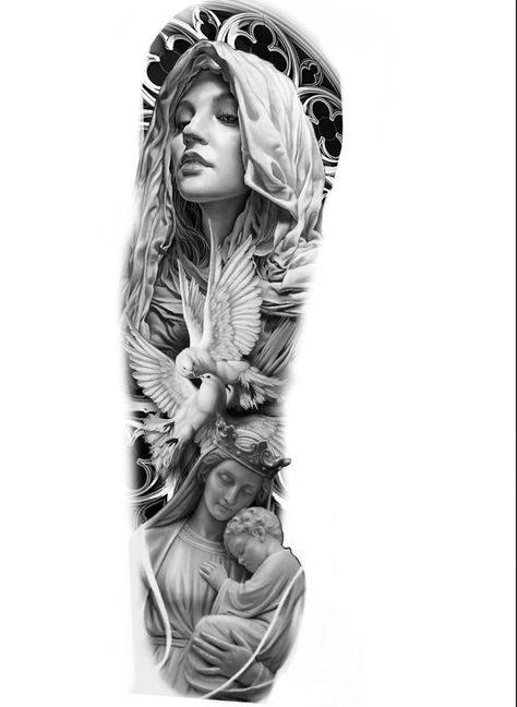 Jesus Sleeve Tattoo, Jesus Tattoo Sleeve, Religous Tattoo, Mother Mary Tattoos, Jesus Tattoo Design, Half Sleeve Tattoo Stencils, Archangel Tattoo, Chicano Tattoos Sleeve, Inner Bicep Tattoo