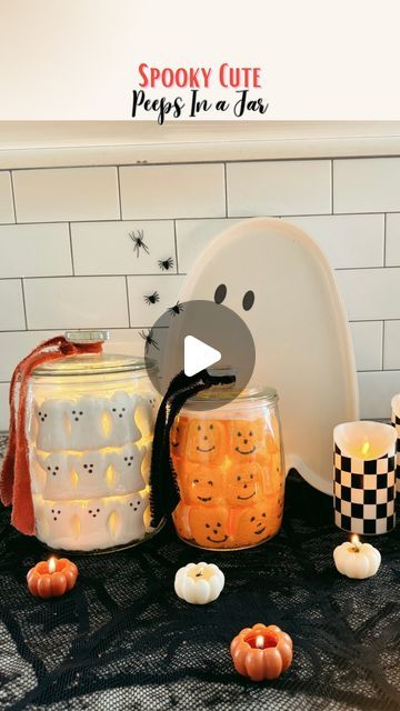 Cherish Larsen - Seasonal/Holiday Favorites! on Instagram: "Spooky Cute - Peeps in a Jar 👻🎃  The only thing I have to worry about when creating these fun arrangements, is keeping the kids away from them! The large jar is a gallon size, and I used about 6 little ghost packs. The smaller jar is a 1/2 gallon, and you’ll want 5 pumpkin packs.   Everything you see here is linked in my LTK shop! 👻🎃  Comment SHOP below to receive a DM with the link to shop this post on my LTK!  https://liketk.it/4N4sY" Halloween Jars Ideas, Ghost In A Jar Diy, Ghost Peeps In Jar, Ghost Jar, Ghost Mason Jar, Gurley Halloween Candles, Seasons In The Sun, Halloween Jars, Halloween Queen