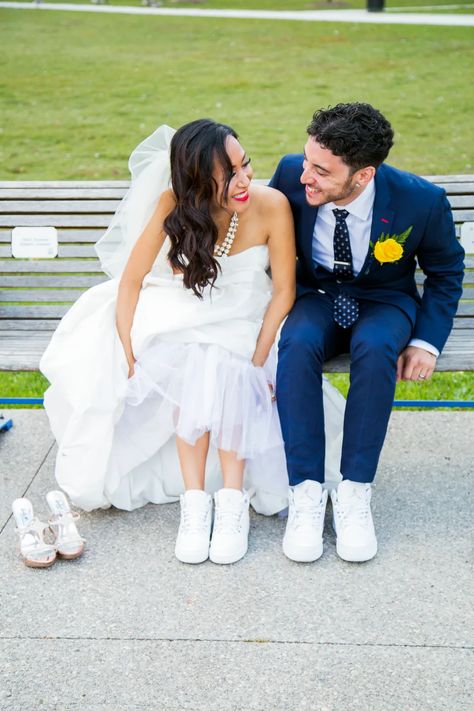 White Sneakers - Comfy Wedding Shoes Wedding Dress With Sneakers, Sneaker Wedding, Alternative Wedding Shoes, Comfy Wedding Shoes, Bride Sneakers, Dapper Grooms, Bridal Sneakers, Shoes Bride, Chic Wedding Dresses