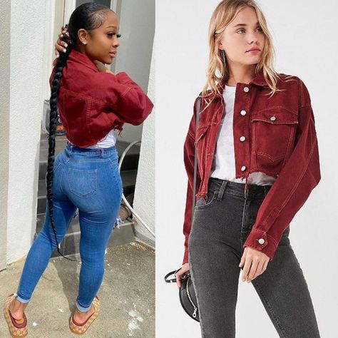 JAYDA CHEAVES🍭 on Instagram: “@urbanoutfitters bdg maroon dark red cropped denim trucker jacket $80.00  @gucci Women's Original GG slide sandal $595” Maroon Denim Jacket Outfit, Maroon Denim Jacket, Denim Jacket Outfit Women, Jayda Cheaves, Jacket Outfit Women, Denim Jacket Outfit, Denim Trucker Jacket, Jacket Outfit, Winter Fits