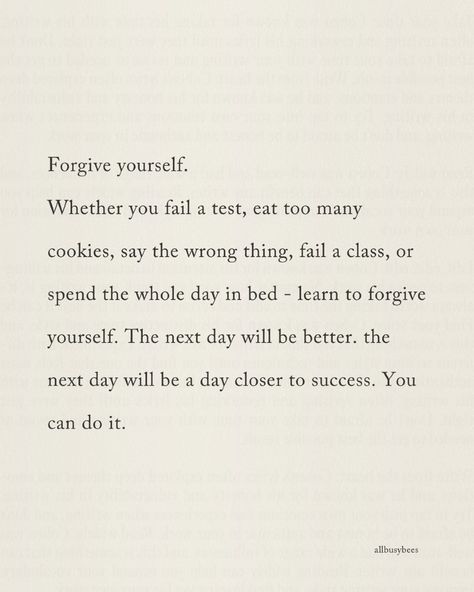 We all have days where things don’t go as planned. Maybe you didn’t meet a goal, made a mistake, or simply didn’t feel productive. And that’s okay. 🌱 Learning to forgive yourself is one of the most important steps towards personal growth. Whether you skipped the gym, ate too much, or let the day pass without ticking off your to-do list, remember: you're human. Perfection isn’t the goal, progress is. Every setback is just a small part of a larger journey, and each day is a fresh start, a new... Setback Quotes, Learning To Forgive, Forgive Yourself, Made A Mistake, Ate Too Much, To Forgive, A Fresh Start, Reminder Quotes, Forgiving Yourself