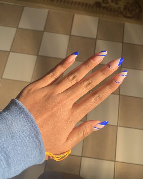 Royal Blue Nails Swirl, Royal Blue Acrylic Nails For Formal, Royal Blue Nail Ideas Short, Prom Royal Blue Nails, Royal Blue Formal Nails, Nails To Match Royal Blue Dress, Royal Blue Nail Ideas For Prom, Simple Royal Blue Nails, Prom Nails Navy Blue