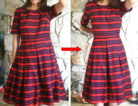 5 minute alterations: tailor a bigger size dress in less than 5 mins. Easy Sew Womens Clothes, How To Alter Dress Too Big, How To Make A Large Dress Smaller, Easy Diy Clothing Alterations, Resize Dress Too Big, Take In Dress Waist Diy, Alter Dress Too Big, Diy Alterations Clothes, Taking In A Dress Diy Simple