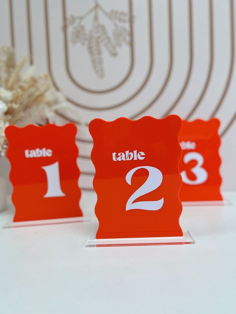 Curved Table Number, Disco Table Numbers, Orange Table Numbers, Red Table Numbers, Retro Table Numbers Wedding, Red Table Numbers Wedding, Wedding Order Of Events, Minimalist Wedding Decor, Acrylic Table Number