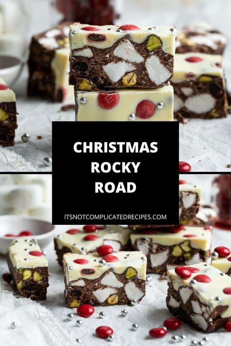 My festive Christmas Rocky Road is an ideal sweet treat or edible gift. This simple to prepare recipe is a favourite no-bake dessert for chocolate lovers. A delicious dark and milk chocolate base is filled with marshmallows, cherries, coconut and pistachios. The slice is topped with creamy white chocolate and decorated for the festive season. Rocky Road Recipe Christmas, Christmas Squares Recipes, Xmas Slices, Christmas Sweets Gifts, Christmas Rocky Road Recipe, Chocolate Tiffin Recipe, Christmas Recipe Ideas, Christmas Slice, Xmas Food Gifts