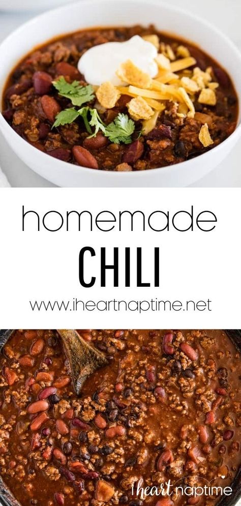 This homemade chili recipe is super easy and tasty! Not too spicy, not too sweet…just right! Plus it only takes 10 minutes to prep, then let it simmer and do all the work! Dutch Oven Chili Recipe, Best Homemade Chili, Easy Homemade Chili, Classic Chili Recipe, Homemade Chili Recipe, Chili Beans, Beef Chili Recipe, Chili Toppings, Best Chili Recipe