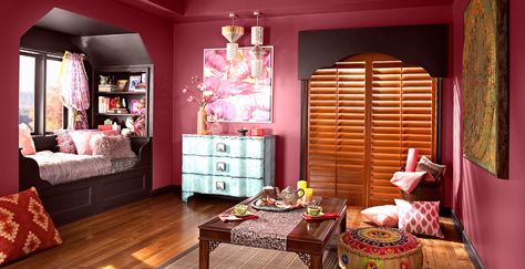 Global Infusion Teen Room | Eclectic Kid's Room Gallery | Behr Vintage Tea Rose Behr, Vintage Tea Rose Paint Behr Bedroom, Behr Vintage Tea Rose, Retro Pink Behr Paint, Behr Victorian Mauve, Bathroom Paint Colors Behr, Eclectic Kids Room, Pink Painted Walls, Pink Bedroom Walls