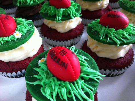 AFL Grand Final Day Cupcakes with Red Sherrin Footballs Amongst the Grass • by Baking Gorgeous | www.bakinggorgeous.com Afl Cupcakes, Afl Party, Football Cake, Football Birthday, Cupcake Designs, Football Party, No Bake Desserts, Party Gifts, Party Planning