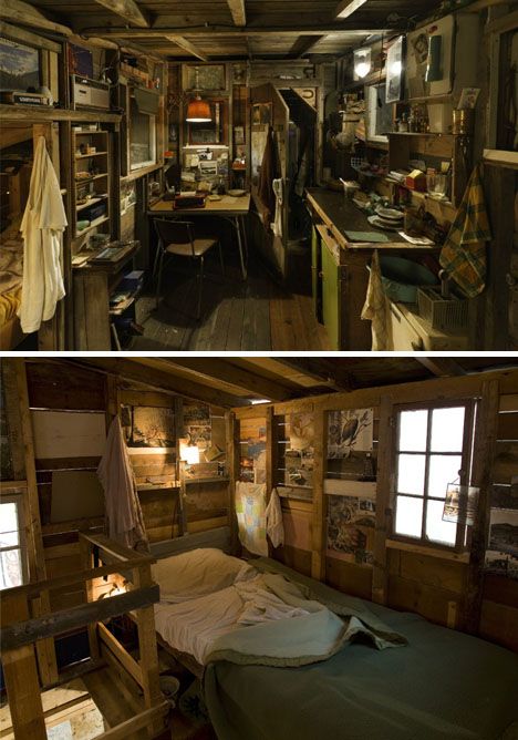 Odd... but I would really really like this??? Shack House Interior, Fishing Hut Interior, Abandoned Cabin Interior, Brutalist Apartment Interior, Creepy Cabin Interior, Cabin In The Woods Interior, Hut Interior Design, Messy Interior, Tiny Home Inside