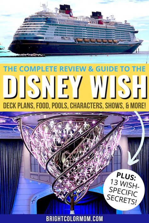 photos of the Disney Wish with text: "The complete review and guide to the Disney Wish: deck plans, food, pools, characters, shows, and more!" Disney Wish Restaurants, Disney Wish Cruise Ship Packing List, Disney Wish Cruise Ship Food, Disney Wish Cruise Tips, Disney Cruise Outfits Family, Disney Wish Cruise Outfits, Disney Cruise Wish, Pirate Night Disney Cruise Outfit, Disney Cruise Pirate Night Outfit