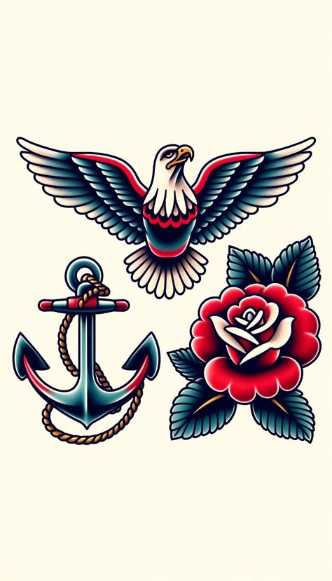 Traditional Tattoo Designs Men, American Trad Back Piece, American Traditional Clock Tattoo, Old School Tattoo Men Ideas Traditional Styles, Cowboy American Traditional Tattoo, American Traditional Half Sleeve, Sailor Tattoos Traditional, American Traditional Anchor, Tiny Traditional Tattoo