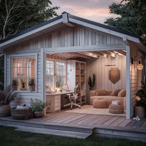 She Shed In The Woods, She Shed Designs Interiors, Glam She Shed, Office Sheds Backyard Interior, She Sheds Ideas Backyard Retreat, Sheshed Ideas Interior, Small She Shed Ideas, Shed Hangout Ideas, Office Sheds Backyard