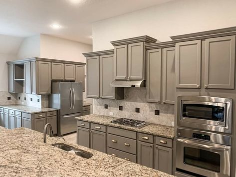 Gray Cabinets Brown Countertops, Kitchen Countertops Granite Colors, Greige Kitchen Cabinets, Taupe Kitchen Cabinets, Greige Kitchen, Taupe Kitchen, Kitchen Cabinet Color Ideas, Brown Kitchen Cabinets, Painted Kitchen Cabinets Colors