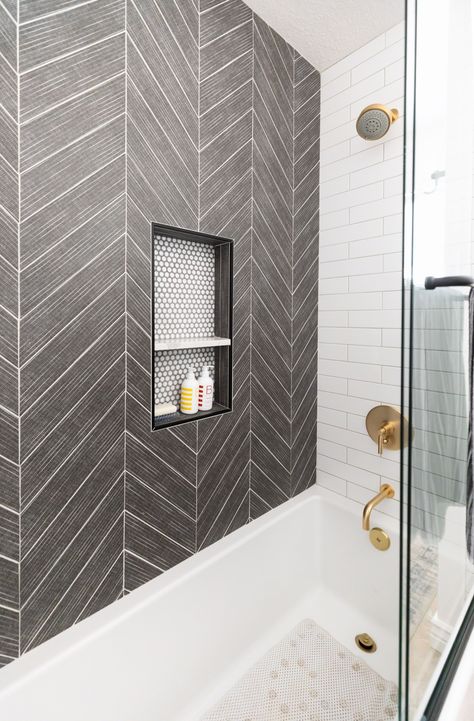 Modern Farmhouse Bath 1 - Farmhouse - Bathroom - Phoenix - by KSDesigns LLC | Houzz Bathtub Tile Surround, Tile Around Bathtub, Bathtub Shower Remodel, Bathroom Tiles Design Ideas, Tile Tub Surround, Tub Remodel, Guest Bathroom Remodel, Full Bathroom Remodel, Rectangular Bathroom