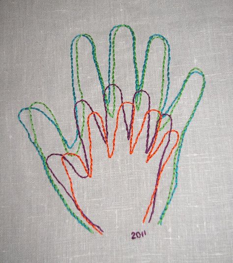 A handprint portrait idea for my Lil' Munchkin! ...Embroidery stitch the outline and hang it! Stitch Family, Embroidered Portrait, Embroidery Stitch, Sew Ins, Pola Sulam, 자수 디자인, Hand Embroidery Stitches, Embroidery Inspiration, Embroidery And Stitching