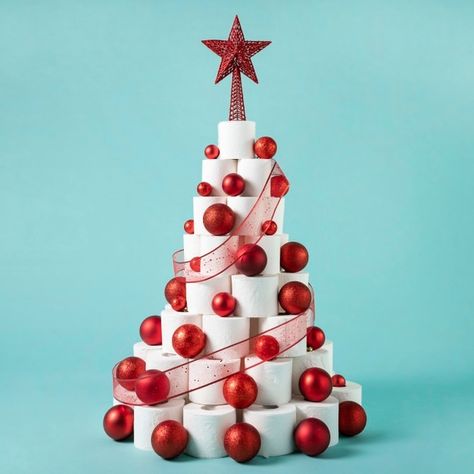 Toilet Christmas Decor, Toilet Paper Christmas Tree, Toilet Paper Trees, Light Balls Christmas, Paper Trees, Christmas Toilet Paper, Tree Star, Tree Tree, Xmas Trees