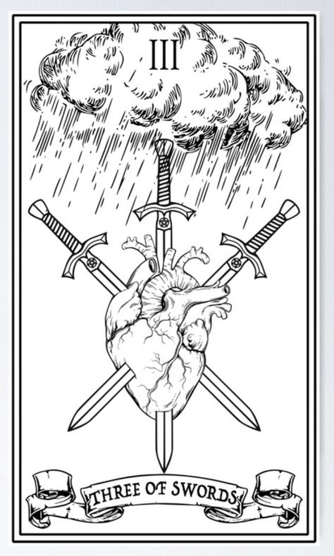 Three Of Swords Tattoo, 3 Of Swords, Swords Tattoo, Three Of Swords, Tarot Card Tattoo, Card Tattoo, Tattoo Inspo, Card Designs, Tarot Card