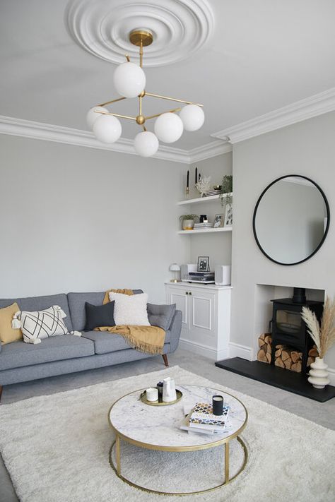 Living Room Designs Yellow Grey, White And Grey Sitting Room, Living Room London Style, Farrow And Ball Living Room Ammonite, White Gray Wood Living Room, Grey And White Front Room, Mustard And White Living Room, Gray And White Living Room Walls, White And Mustard Living Room