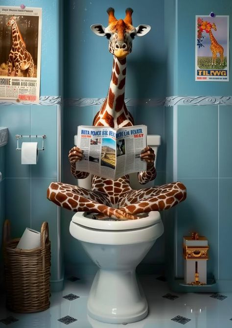 #Giraffe #ReadingNewspaper #BlueBathroom #SafariAnimals #Hyper-realistic #91:128AspectRatio #TheCandie Giraffe Bathroom Decor, Animals On Toilet Art, Vintage Toilet Poster, Dog Reading Newspaper On Toilet, Toilet Funny Poster, Inspirational Digital Art, Toilet Art, Giraffe Art, Blue Bathroom