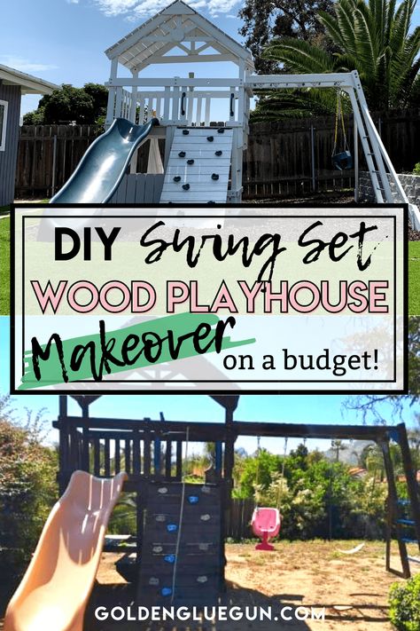 Diy Wood Playhouse, Playhouse Swingset, Swing Set Makeover, Playset Makeover, Diy Playset, Wooden Play Structures, Sand Pits For Kids, Playhouse Makeover, Swing Set Diy