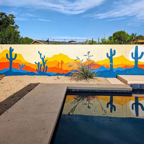 The mural is finished! I've been so engrossed with the van build this year that I haven't done much painting, so this 65' wall was a perfect canvas to satisfy my artistic itch! The bold colors really transformed the backyard and I love how they reflect in the pool. This was such a fun project and I'm grateful to @sandybjohnson for giving me the opportunity to create it! Outdoor Wall Mural Ideas, Backyard Wall Painting Ideas, Mural Wall Art Creative, Concrete Wall Mural, Cinderblock Wall, Backyard Mural, Brick Wall Mural, School Wall Painting, Creative Wall Design