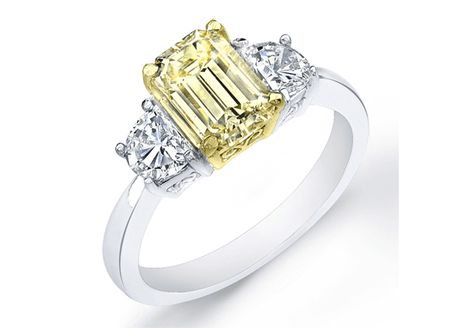 Canary Yellow Engagement Rings, Canary Yellow Diamond Engagement Ring, Canary Diamond Engagement Ring, Canary Diamond, Favorite Engagement Rings, Moon Cut, Half Moons, Yellow Diamond Engagement Ring, Emerald Cut Diamond Engagement Ring