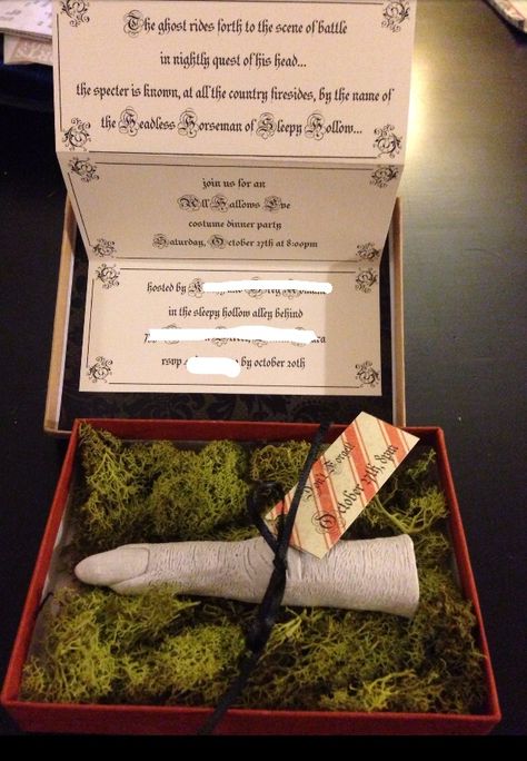 Inspired by Martha Stewart's "don't forget" invite, I used plaster witch fingers from Michael's to make Sleepy Hollow invites. Sleepy Hollow Wedding Theme, Sleepy Hollow Wedding, Sleepy Hollow Dinner Party, Witch Breakfast, Merry Gothmas, Goth Lifestyle, Voodoo Party, Witch Birthday, Witch Fingers