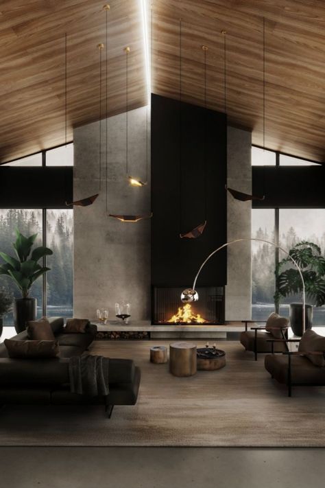 dark tones living room with black modular sofa and armchairs Mountain House Interior, Landscape Living Room, Dark Living Room, Mountain Interiors, Masculine Interior, Austrian Alps, Cosy Interior, The Lake House, House Villa