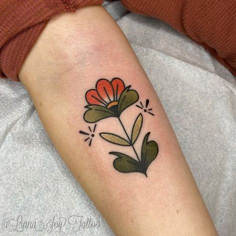 Liana Joy | Tattoos on Instagram: "This little dude in color…🌷 Thanks for coming back for seconds Rebecca! • • • #lianajoytattoo #lianajoy #loveyoutattoo #boulder #bouldercolorado #bouldertattoo #bouldertattooartist #ladytattooers #coloradofemaletattooartist #denvertattooers #denvertattoo #denvertattooartist #denvertattooartists #denvercolorado #coloradotattooers #coloradotattooartist #coloradotattoo #coloradotattoos #lianajoyflash #flowertattoo #folkflowertattoo #floraltattoo #traditionaltatto Folksy Tattoos, Folk Art Flowers Tattoo, Traditional Folk Tattoo, Joy Tattoo, Colorado Tattoo, Love Yourself Tattoo, Art Nouveau Tattoo, Nouveau Tattoo, Triangle Tattoos