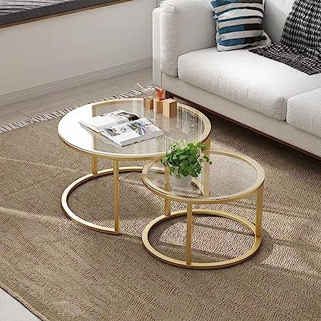 HEONITURE Gold Nesting Coffee Table Set of 2, Small Glass Nesting Tables for Living Room Bedroom, Accent Tea Table with Metal Frame : Amazon.ca: Home Coffee Table Set Of 2, Glass Nesting Tables, Round Nesting Coffee Tables, Tables For Living Room, Nesting Coffee Table, Circle Table, Dorm Inspo, Bedroom Accent, Glass Side Tables