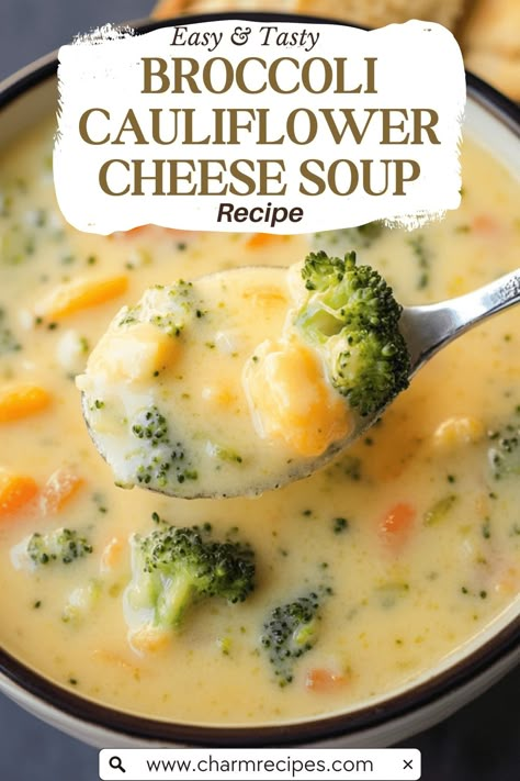 Creamy Broccoli Cauliflower Cheese Soup Recipe Brocolli Cauliflower Soup, Broccoli Cauliflower Cheese Soup, Broccoli Cauliflower Cheese, Cauliflower Cheddar Soup, Cauliflower Cheese Soup, Broccoli Cauliflower Soup, Cauliflower Cheese Soups, Broccoli Potato, Cheese Soup Recipe