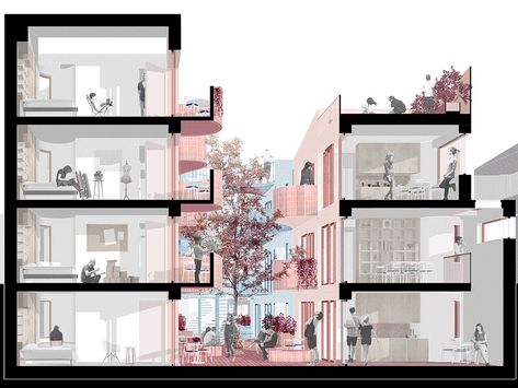 Winner | Co-living, Forest Gate Japanese Architecture Illustration, Architecture Rendering Drawing, Section Diagram Architecture, Architecture Section Render, Co Living Architecture, Coliving Architecture, Section Render, Drawing Of A Building, Section Drawing Architecture