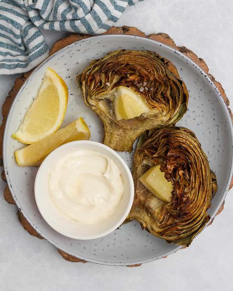 Air Fryer Roasted Artichokes Air Fry Artichoke, Gluten Free Hummus Recipe, Roasted Artichokes, Gluten Free Hummus, Courgette Fritter, Vegan Shopping List, Fried Artichoke, Vegan Grocery List, Roasted Artichoke