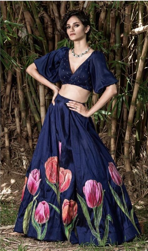 Ladies Crop Top, Combination Dresses, Indian Outfits Lehenga, Hand Painted Dress, Lehenga Designs Simple, Dress Painting, Bridal Lehenga Collection, Crop Top Designs, Womens Trendy Tops